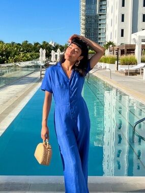 Mixed by Nasrin Size S Neptune Blue Linen Viscose Wide Leg Jumpsuit